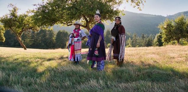 Three Indigenous women stand in a sunlit meadow surrounded by trees and distant hills. They wear traditional regalia in vibrant colors and patterns, including shawls, dresses, beadwork, and feathered hairpieces. The scene conveys strength, culture, and connection to the land.